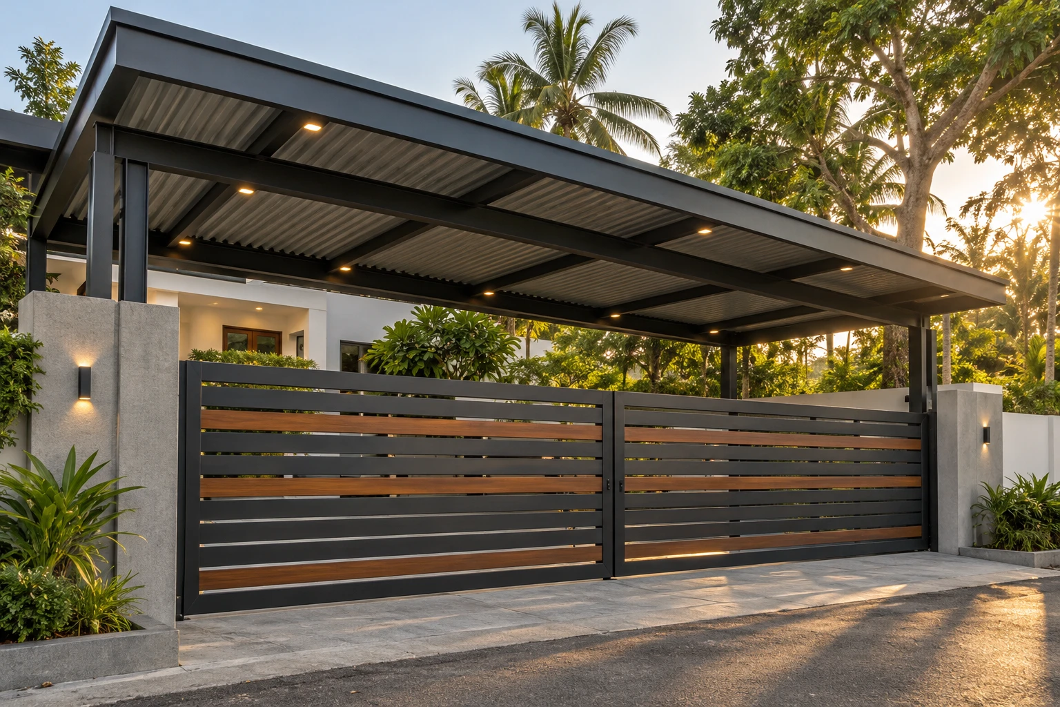 Design visualisation of a graphite steel gate and roof canopy in warm evening light