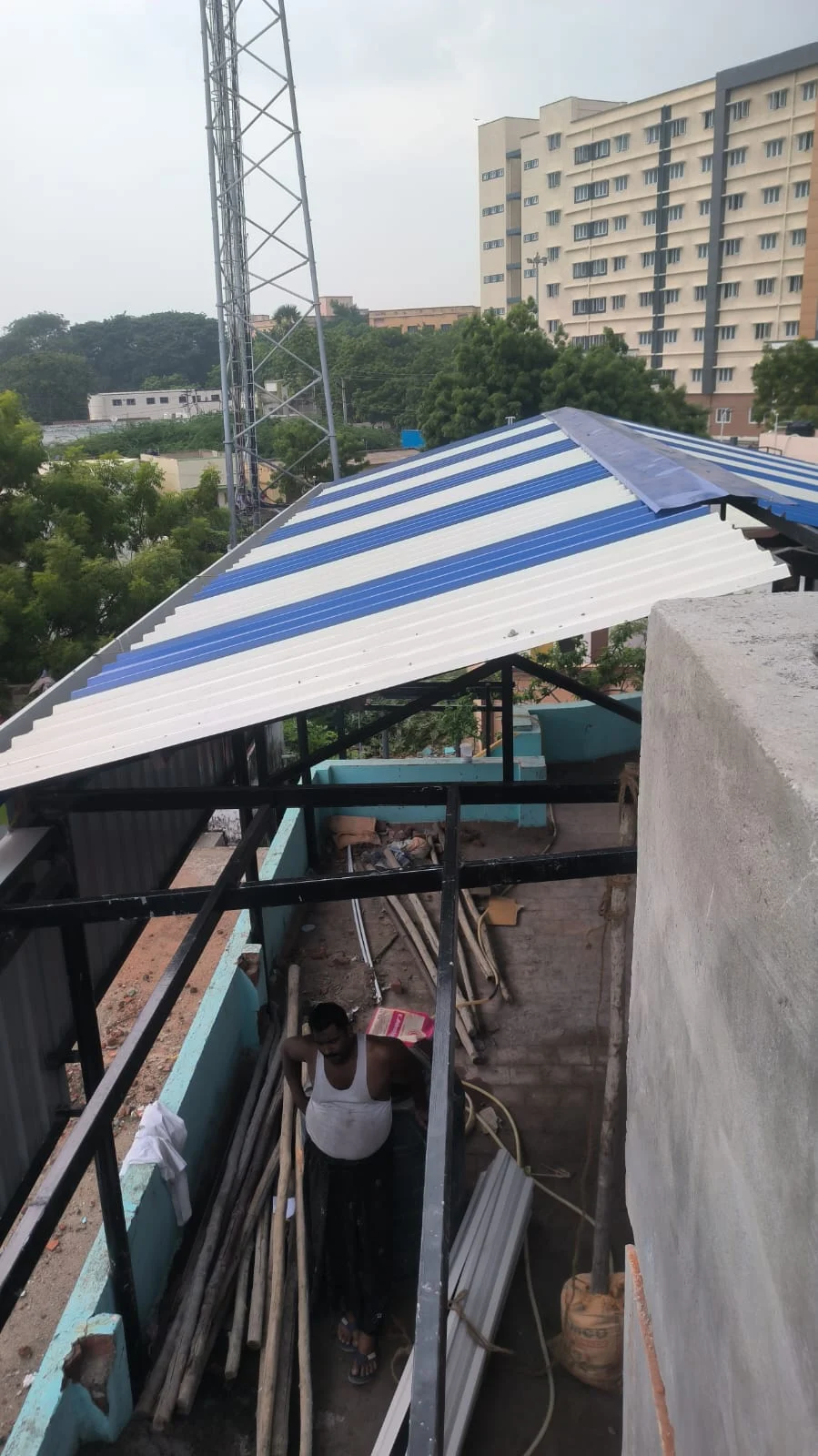 Striped canopy installation. Global Engineering project photograph